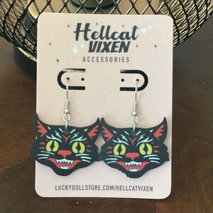 Retro Vintage Angry Black Cat Acrylic Drop Hook Earrings